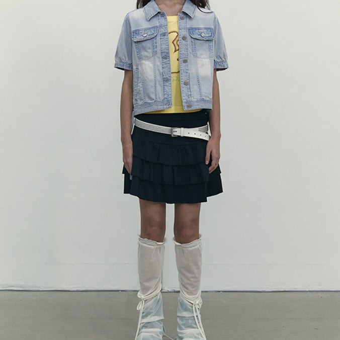 [BUNJANG] Kirsh String Point Short Sleeve Denim Jacket Blue / [새상품] 키르시 데님 자켓 스트링 포인트 숏 슬리브 데님 자켓