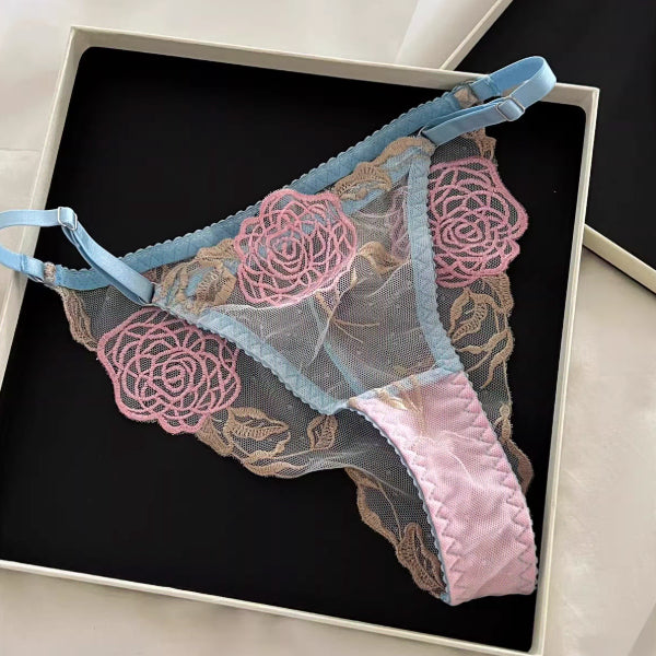 [BUNJANG] Floral Embroidered Sheer Bra and Panty Set / 새상품 블루 핑크 플라워 자수 시스루 브라팬티세트
