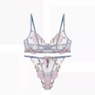 [BUNJANG] Floral Embroidered Sheer Bra and Panty Set / 새상품 블루 핑크 플라워 자수 시스루 브라팬티세트