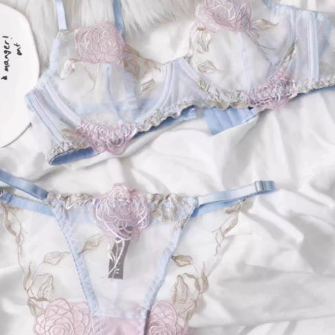 [BUNJANG] Floral Embroidered Sheer Bra and Panty Set / 새상품 블루 핑크 플라워 자수 시스루 브라팬티세트