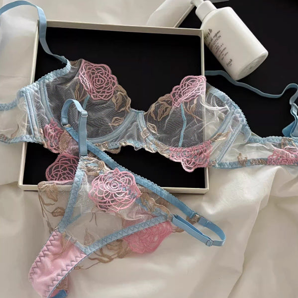 [BUNJANG] Floral Embroidered Sheer Bra and Panty Set / 새상품 블루 핑크 플라워 자수 시스루 브라팬티세트