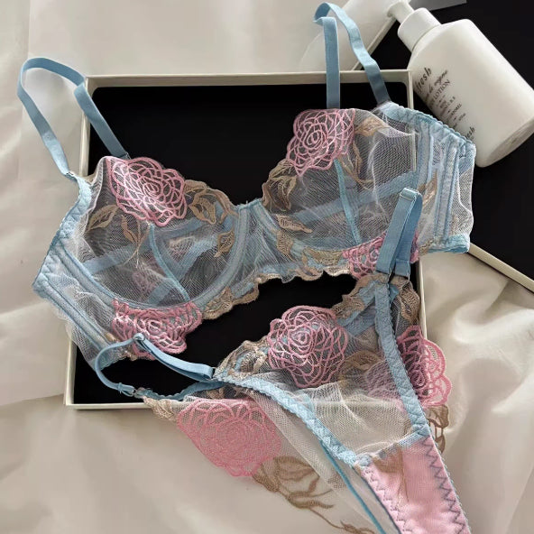 [BUNJANG] Floral Embroidered Sheer Bra and Panty Set / 새상품 블루 핑크 플라워 자수 시스루 브라팬티세트