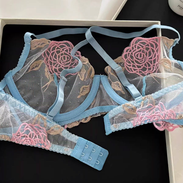 [BUNJANG] Floral Embroidered Sheer Bra and Panty Set / 새상품 블루 핑크 플라워 자수 시스루 브라팬티세트