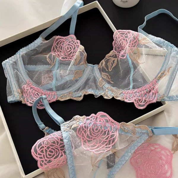 [BUNJANG] Floral Embroidered Sheer Bra and Panty Set / 새상품 블루 핑크 플라워 자수 시스루 브라팬티세트