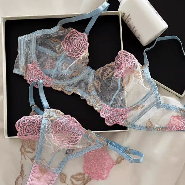 [BUNJANG] Floral Embroidered Sheer Bra and Panty Set / 새상품 블루 핑크 플라워 자수 시스루 브라팬티세트