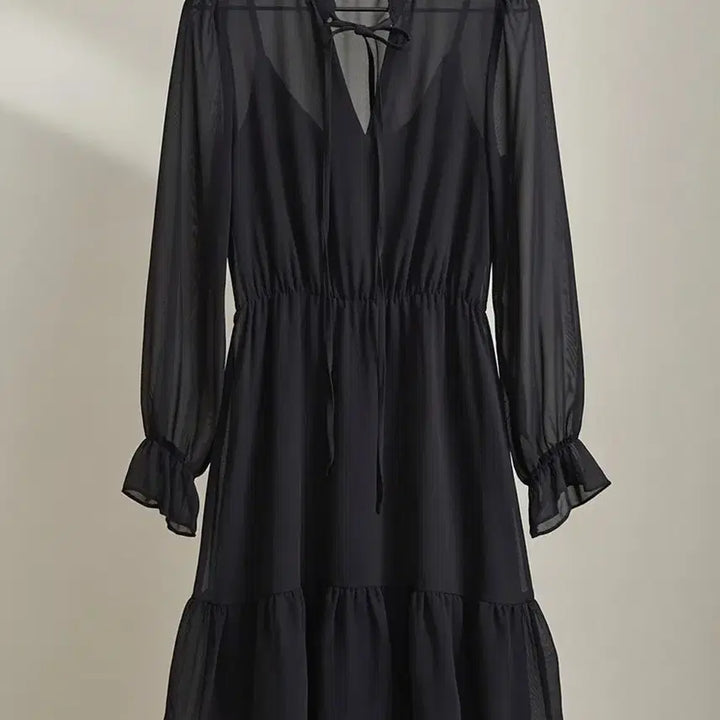 [BUNJANG] Black Sheer Chiffon Ruffle Trimmed Dress / 블랙 시스루  원피스