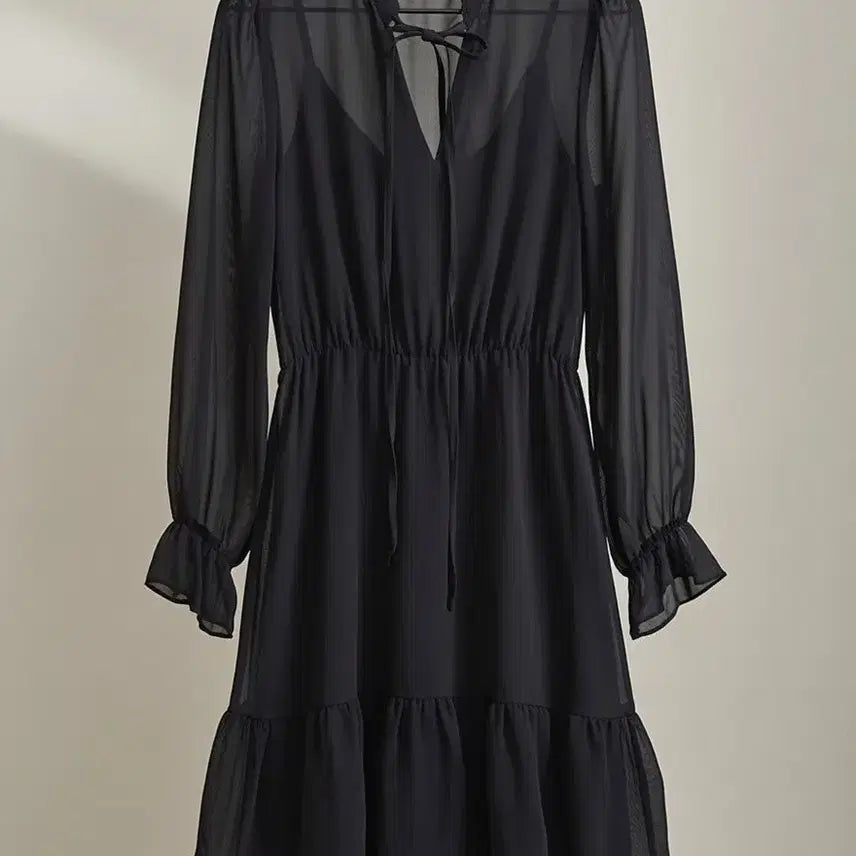 [BUNJANG] Black Sheer Chiffon Ruffle Trimmed Dress / 블랙 시스루  원피스