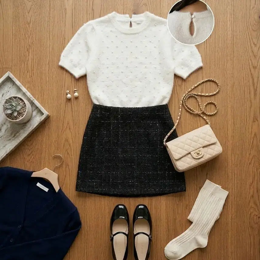[BUNJANG] Angora Pearl Short Sleeve Knit (White) / 새상품 화이트 앙고라 진주 반팔 니트