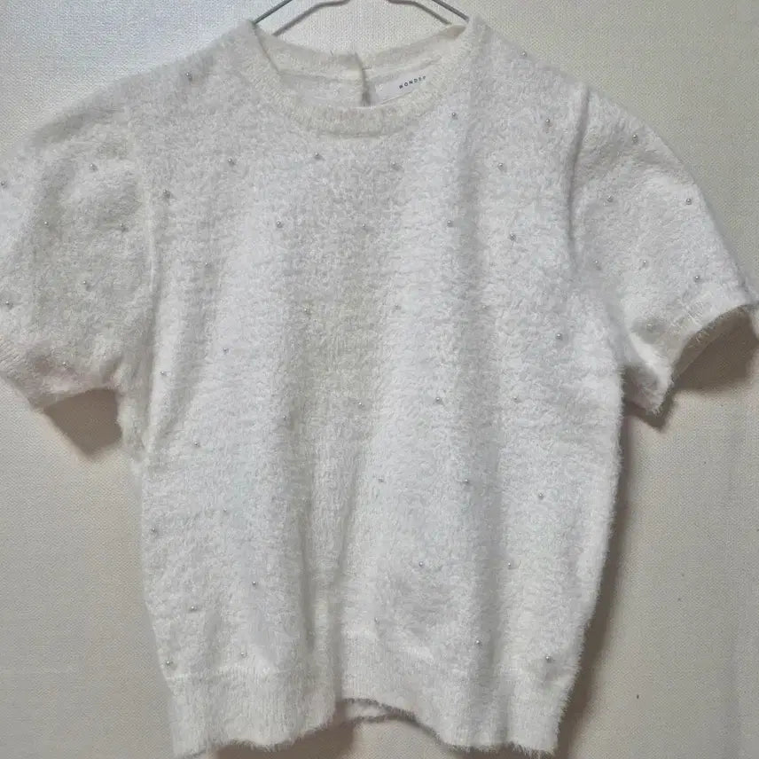 [BUNJANG] Angora Pearl Short Sleeve Knit (White) / 새상품 화이트 앙고라 진주 반팔 니트