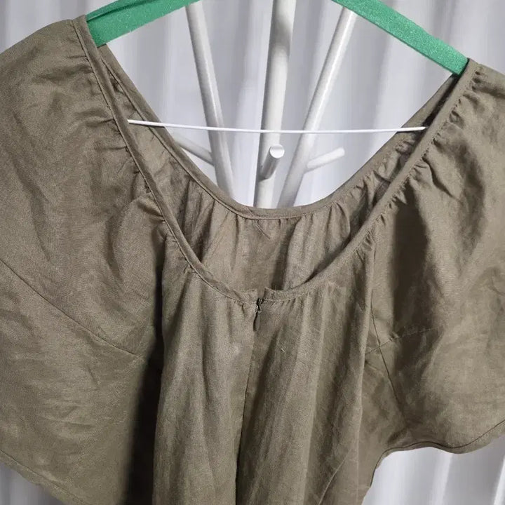 [BUNJANG] Linen Short-Sleeve Long Dress / 린넨 카키 반팔 롱 원피스 ~77까지 가능