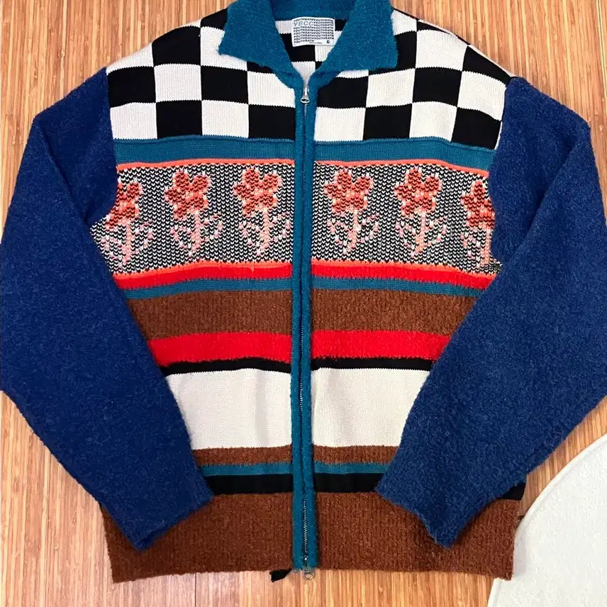 [BUNJANG] Youthbath Checkerboard Collar Zip-Up Knit L / 유쓰배쓰 체커보드 카라 집업