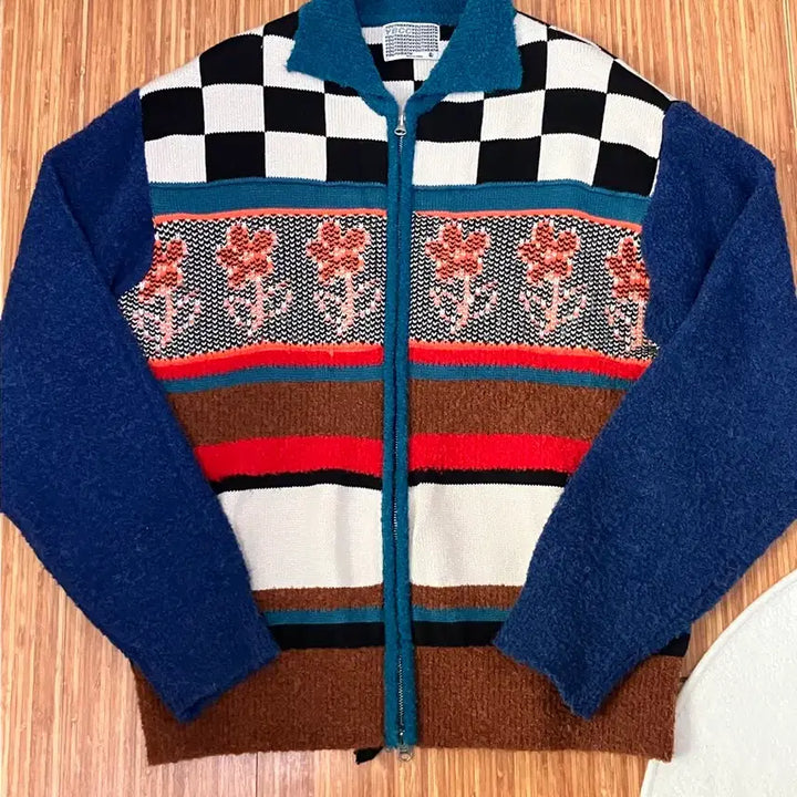 [BUNJANG] Youthbath Checkerboard Collar Zip-Up Knit L / 유쓰배쓰 체커보드 카라 집업