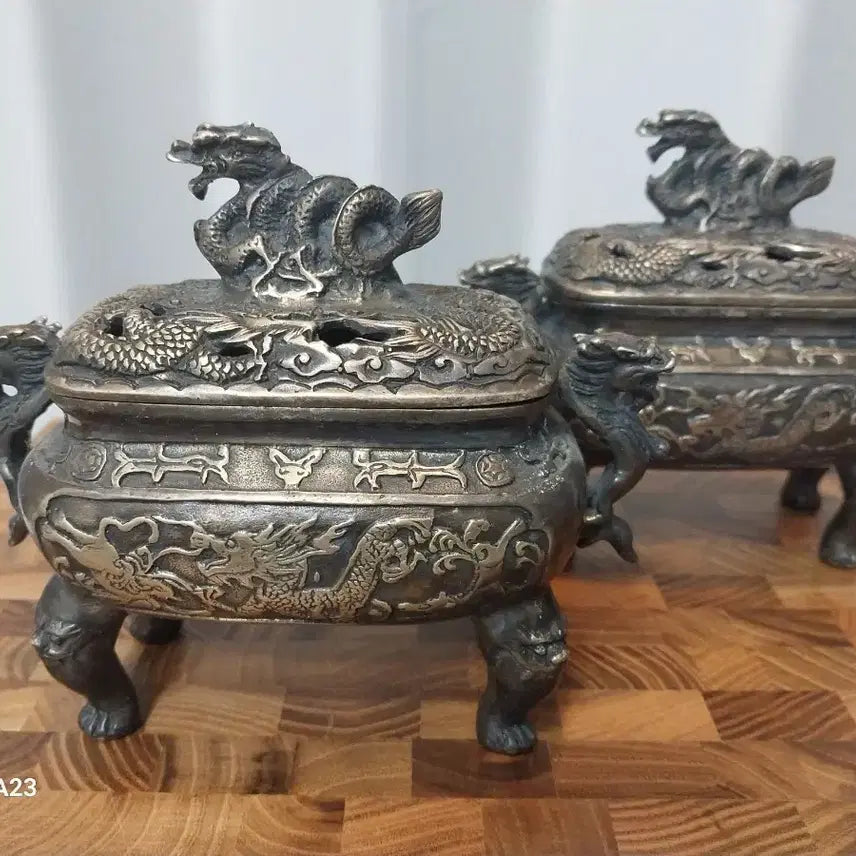 [BUNJANG] Antique Brass Dragon Incense Burner Set / 앤틱 용 장식 백동향로 세트