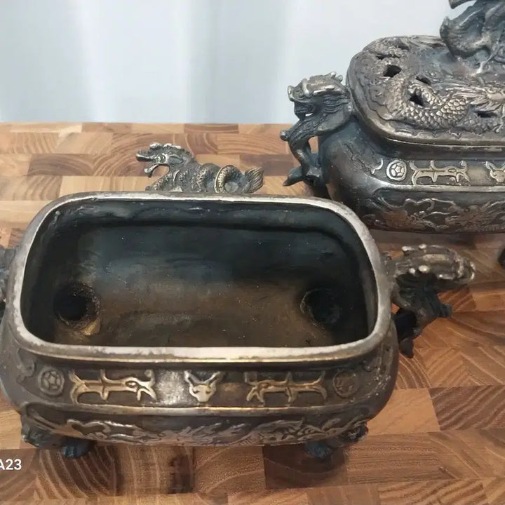 [BUNJANG] Antique Brass Dragon Incense Burner Set / 앤틱 용 장식 백동향로 세트