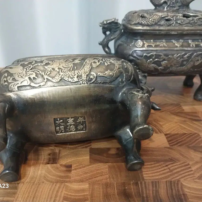 [BUNJANG] Antique Brass Dragon Incense Burner Set / 앤틱 용 장식 백동향로 세트