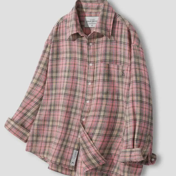 [SOLD OUT] 오버핏 플란넬 포켓 체크 셔츠 핑크