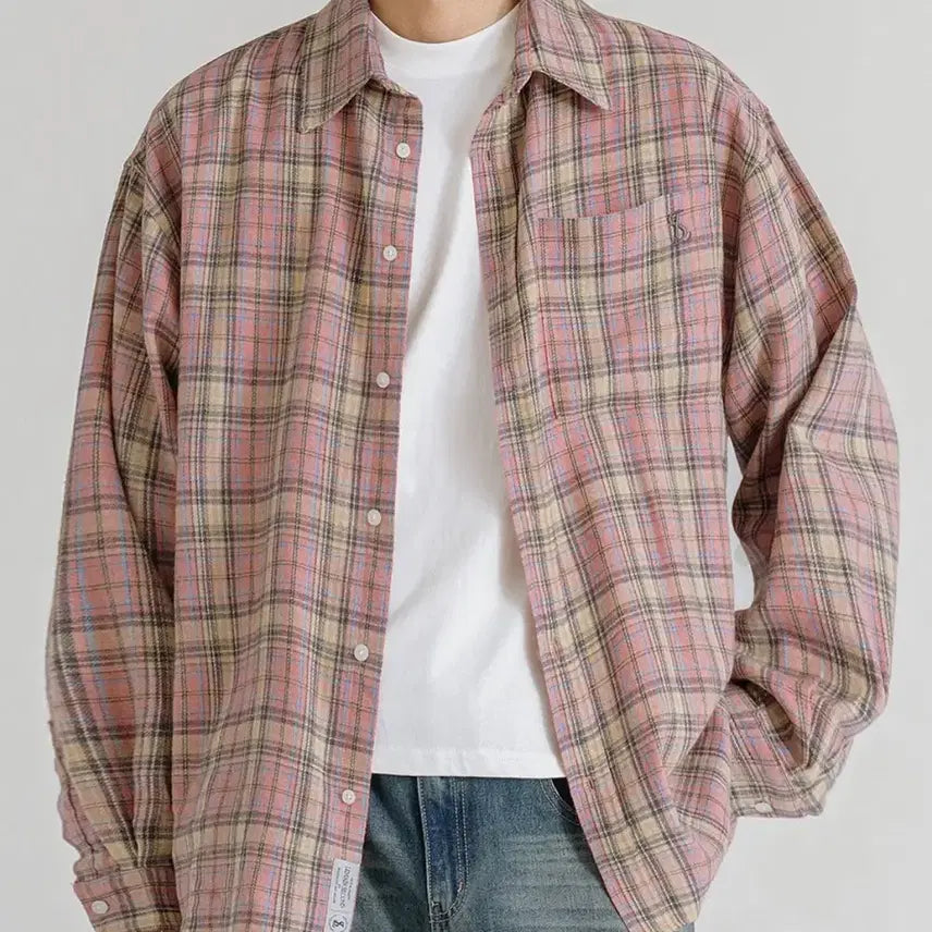 [SOLD OUT] 오버핏 플란넬 포켓 체크 셔츠 핑크