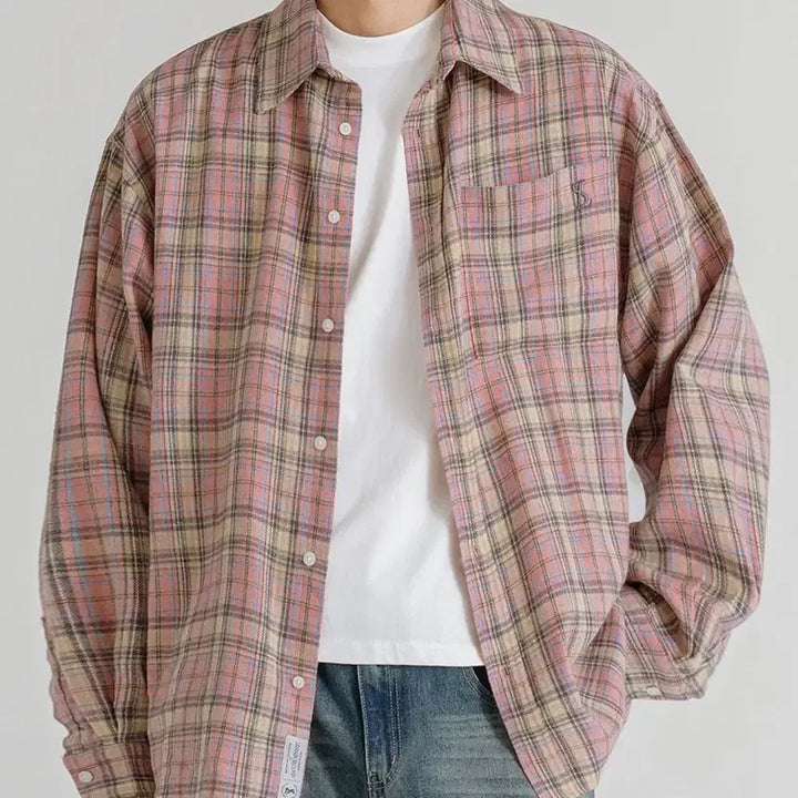 [SOLD OUT] 오버핏 플란넬 포켓 체크 셔츠 핑크
