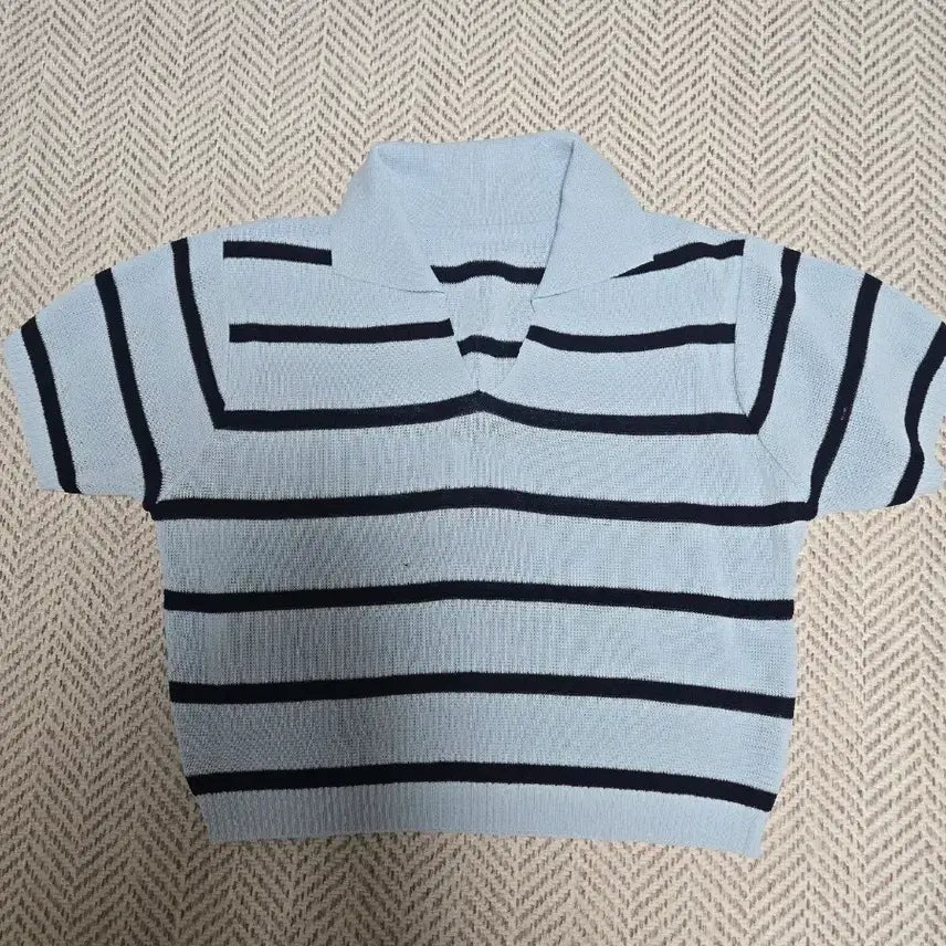[BUNJANG] Blue Striped Short Sleeve Knit Top / 블루 스트라이프 반팔 니트