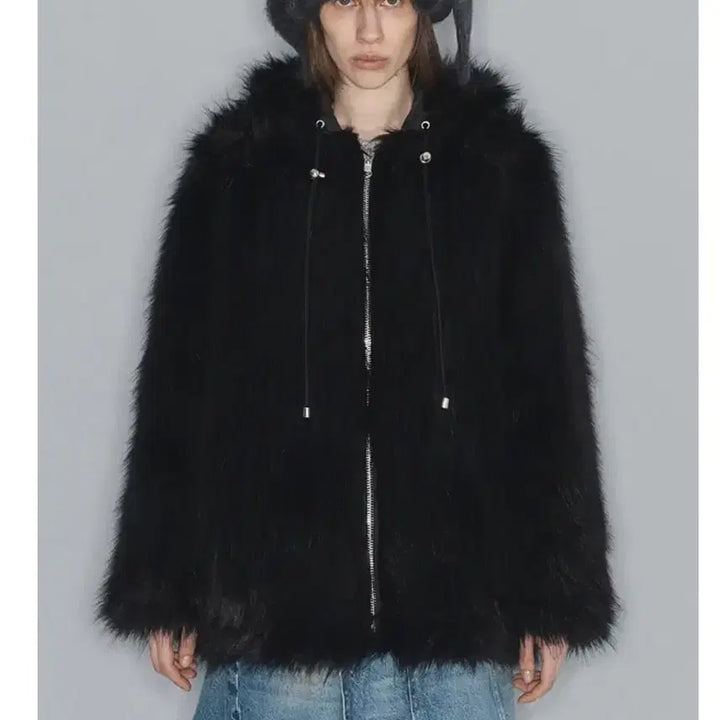 [BUNJANG] OpenYY Hooded Black Faux Fur Jacket / 오픈와이와이  퍼자켓