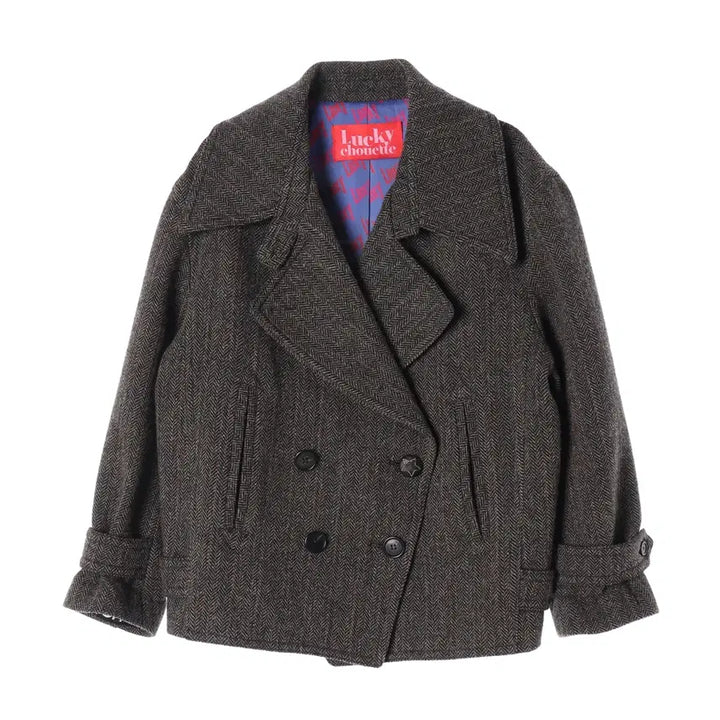 [BUNJANG] Lucky Chouette Herringbone Wool Double Button Short Coat / 럭키슈에뜨 헤링본 울100% 와이드 카라 더블 버튼 숏 코트