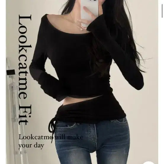 [BUNJANG] Black Off-Shoulder Cutout Long Sleeve Top / 오프숄더 블랙 컷아웃 긴팔 티셔츠