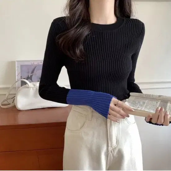[BUNJANG] Basic Ribbed Knit T-shirt / 골지 배색 니트 티셔츠 (free, 새상품)