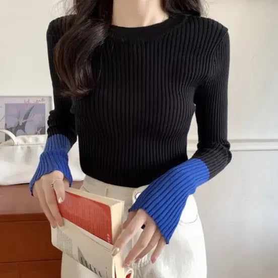 [BUNJANG] Basic Ribbed Knit T-shirt / 골지 배색 니트 티셔츠 (free, 새상품)