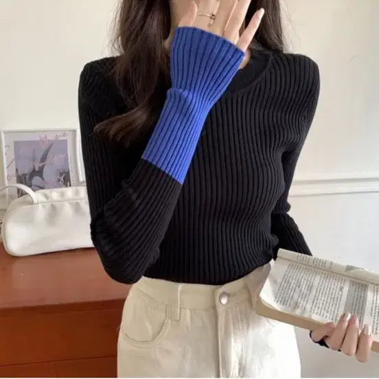 [BUNJANG] Basic Ribbed Knit T-shirt / 골지 배색 니트 티셔츠 (free, 새상품)