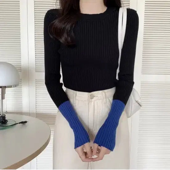 [BUNJANG] Basic Ribbed Knit T-shirt / 골지 배색 니트 티셔츠 (free, 새상품)