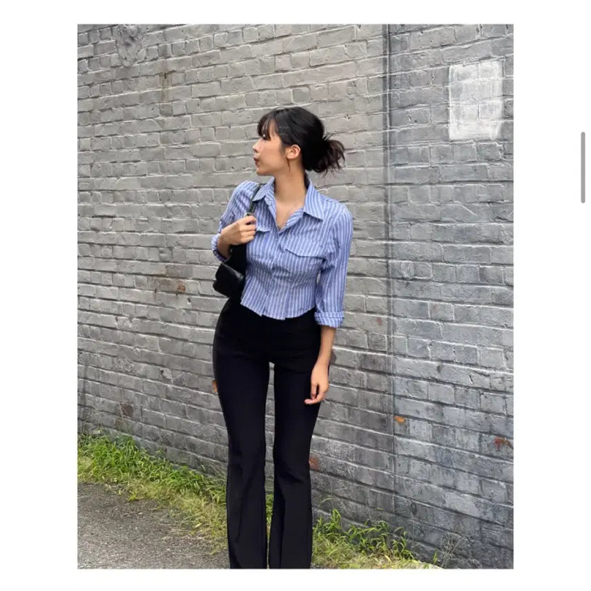 [BUNJANG] Close Curve Pinch Striped Crop Shirt / 클로즈커브 클커 핀치 스트라이프 크롭 셔츠
