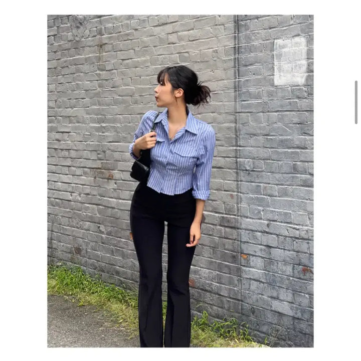 [BUNJANG] Close Curve Pinch Striped Crop Shirt / 클로즈커브 클커 핀치 스트라이프 크롭 셔츠