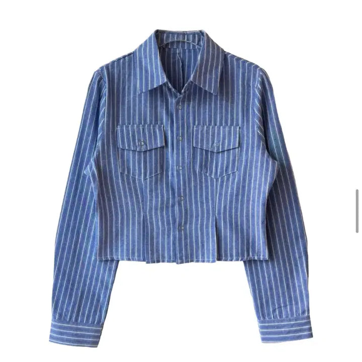 [BUNJANG] Close Curve Pinch Striped Crop Shirt / 클로즈커브 클커 핀치 스트라이프 크롭 셔츠