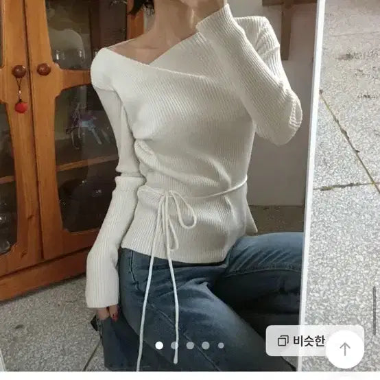 [BUNJANG] French Of Deld Tie One Shoulder Beige Knit Top / 프렌치오브 델드 타이 원숄더 긴팔 니트(베이지)