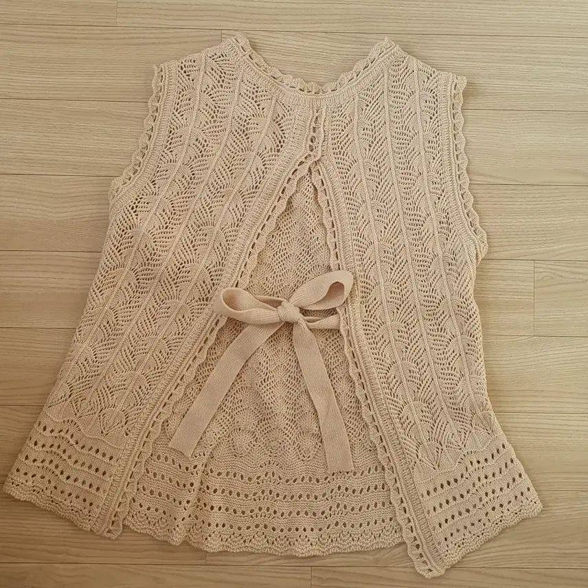 [BUNJANG] Balletcore Ivory Knit Vest Cardigan / 발레코어 아이보리 니트 조끼 베스트 가디건 끈 묶음