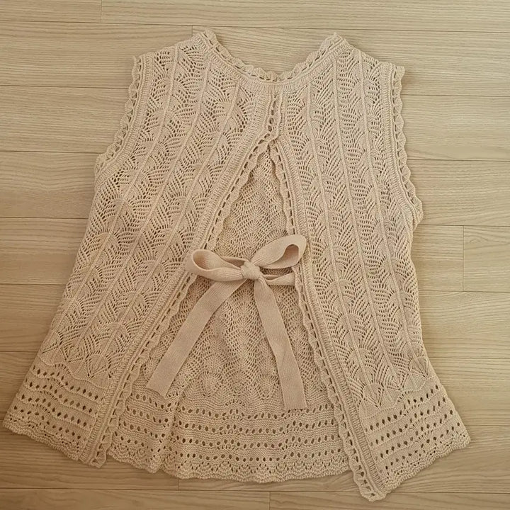 [BUNJANG] Balletcore Ivory Knit Vest Cardigan / 발레코어 아이보리 니트 조끼 베스트 가디건 끈 묶음