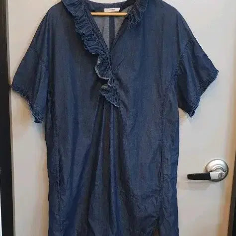 [BUNJANG] System Denim Ruffle Short Sleeve Dress / 특가  한섬 시스템데님  프릴반팔원피스 호칭82-94-160