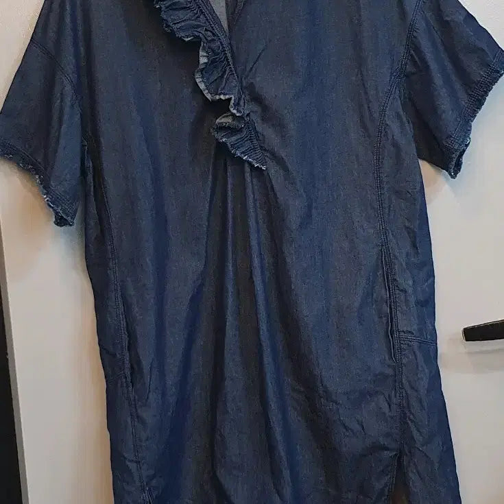 [BUNJANG] System Denim Ruffle Short Sleeve Dress / 특가  한섬 시스템데님  프릴반팔원피스 호칭82-94-160