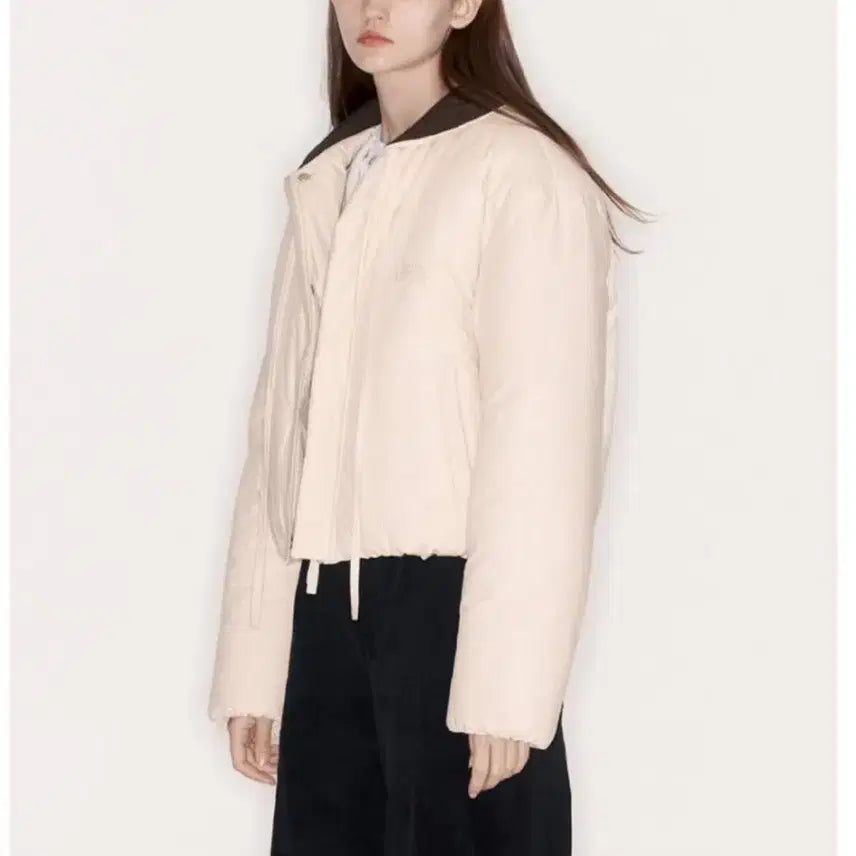 [BUNJANG] Abbie&amp;me Color Block Crop Puffer Jacket Beige / 아비에무아 컬러 블록 크롭 푸퍼 패딩 베이지