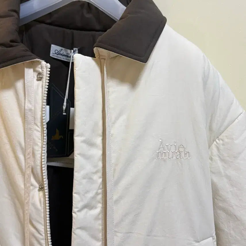 [BUNJANG] Abbie&amp;me Color Block Crop Puffer Jacket Beige / 아비에무아 컬러 블록 크롭 푸퍼 패딩 베이지