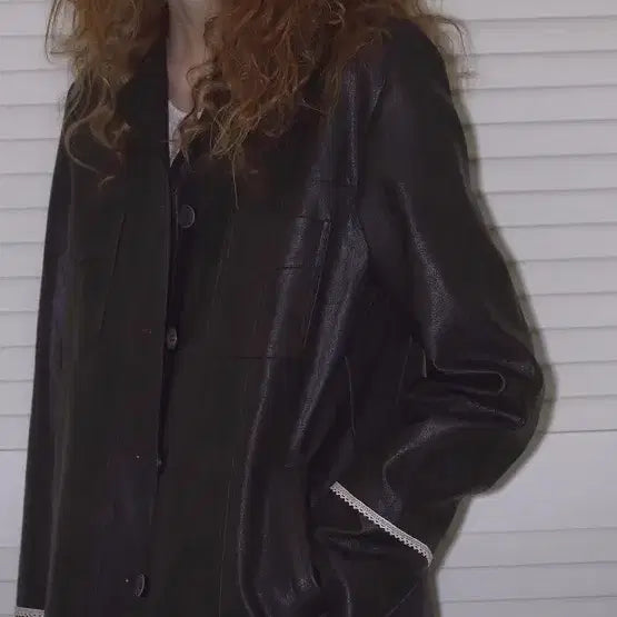 [BUNJANG] Plant Alcohol Music Lace Trim Leather Jacket / 플랜트알콜뮤직 가죽 자켓 브라운