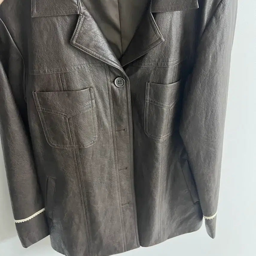 [BUNJANG] Plant Alcohol Music Lace Trim Leather Jacket / 플랜트알콜뮤직 가죽 자켓 브라운
