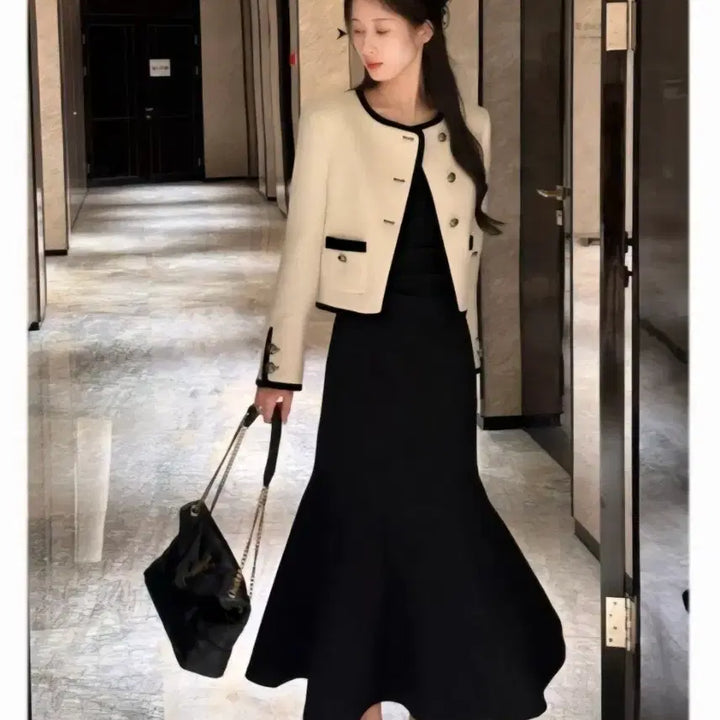 [BUNJANG] Black Long Dress with Ivory Jacket Set / 블랙롱원피스 아이보리 자켓 세트