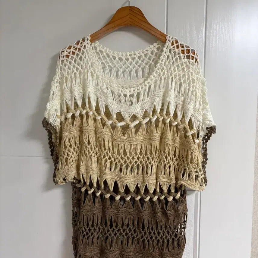 [BUNJANG] Vintage Japanese Knit Layered Top / (일본 수입 빈티지)뜨개 니트 반팔 시스루 레이어드 배색