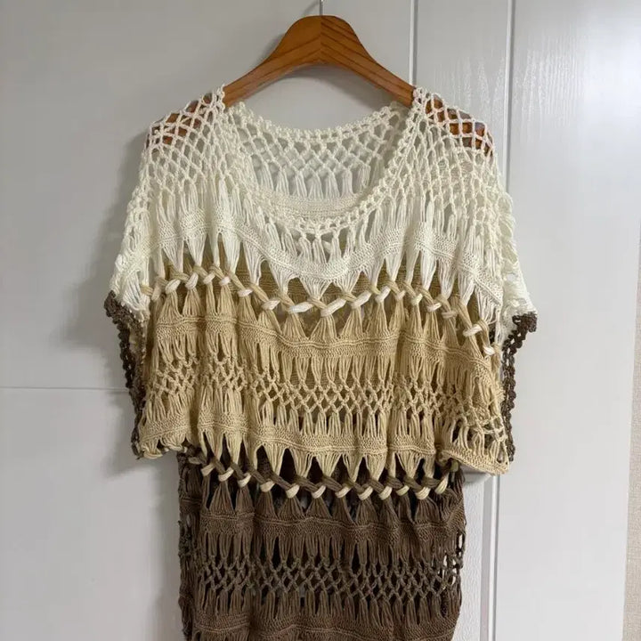 [BUNJANG] Vintage Japanese Knit Layered Top / (일본 수입 빈티지)뜨개 니트 반팔 시스루 레이어드 배색