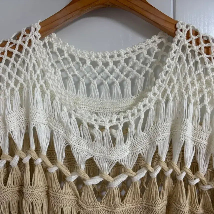 [BUNJANG] Vintage Japanese Knit Layered Top / (일본 수입 빈티지)뜨개 니트 반팔 시스루 레이어드 배색