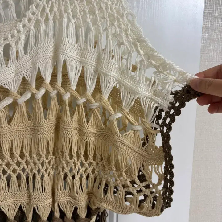 [BUNJANG] Vintage Japanese Knit Layered Top / (일본 수입 빈티지)뜨개 니트 반팔 시스루 레이어드 배색