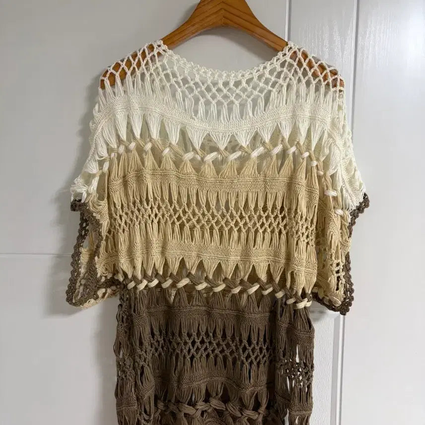 [BUNJANG] Vintage Japanese Knit Layered Top / (일본 수입 빈티지)뜨개 니트 반팔 시스루 레이어드 배색