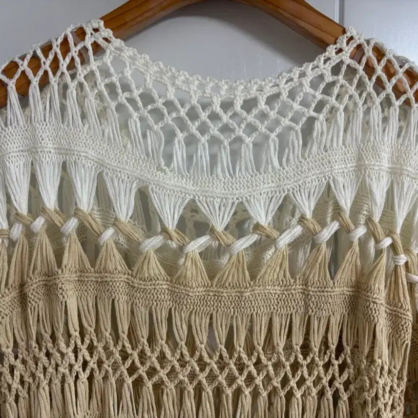 [BUNJANG] Vintage Japanese Knit Layered Top / (일본 수입 빈티지)뜨개 니트 반팔 시스루 레이어드 배색