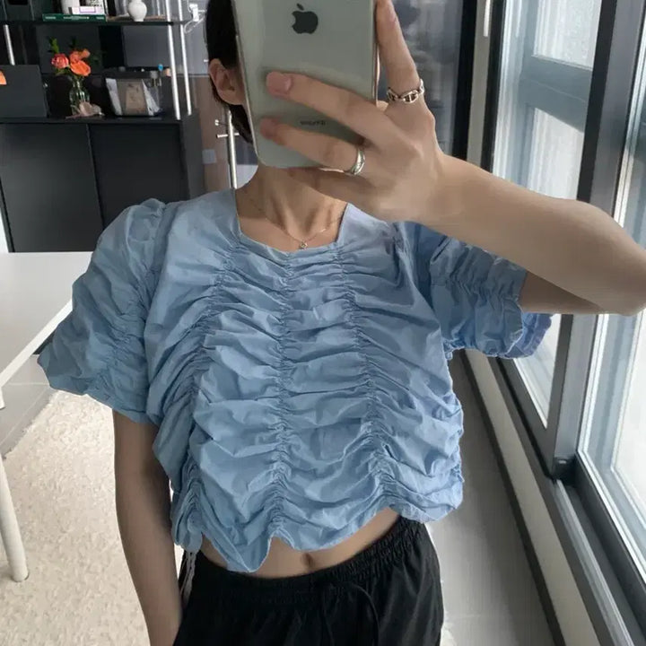 [BUNJANG] Blue Shirred Short Sleeve Blouse / 블루 셔링 반팔 블라우스